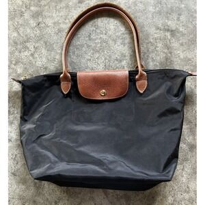 Longchamp Li Pliage Black Nylon Tote Bag Brown Leather Handles Gold Hardware